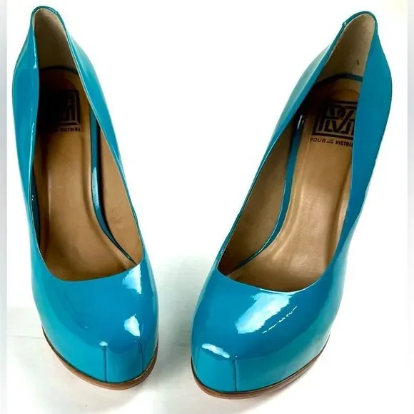 Pour La Victoire Elegant Blue Leather Platform Pumps - Picture 2 of 10